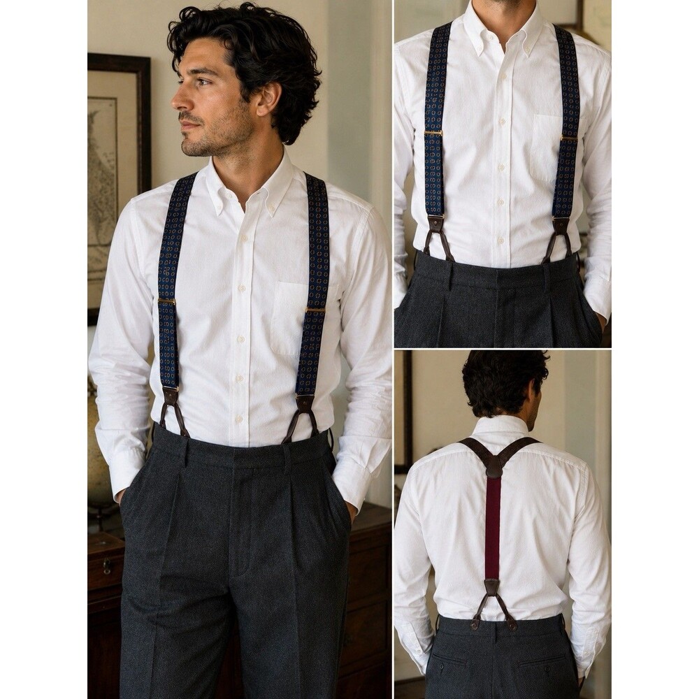 Vintage Trafalgar Silk Suspenders Navy Burgundy Paisley Leather Button Braces US